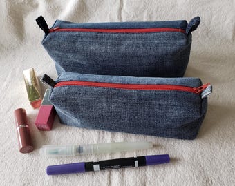Denim Zipper Box Pouch, hand sewn recycled jeans, Storage, perfect gift, gift for her, travel pouch, pencil case, makeup bag, flat bottom