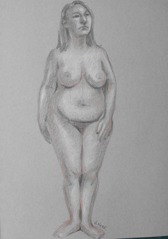 Female nude model, Original figure study, standing pose, sepia charcoal,  pencil, white charcoal on grey paper, from life, full figured