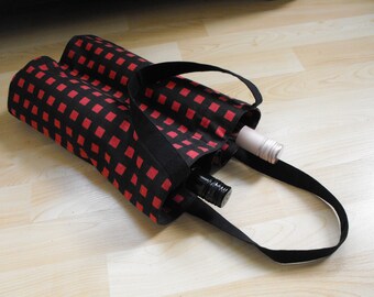 Hand Sewn, 2 bottle wine tote bag, reusable, eco friendly, reusable gift bag, double wine tote, housewarming, Red Black Check