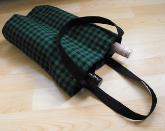 Hand Sewn, 2 bottle wine tote bag, reusable, eco friendly, reusable gift bag, double wine tote, housewarming, Buffalo Plaid