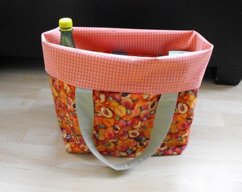 Peaches, Reusable Grocery/Shopping Market bag, reversible, washable, Fabric bag, Eco friendly, hand sewn bags, large cotton tote bag