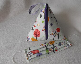 Hand sewn Cotton Pyramid Pouch, Triangle Pouch, Zipper Pouch, Stuff Storage, perfect gift, Enchanted Spring Forest, Free matching face mask