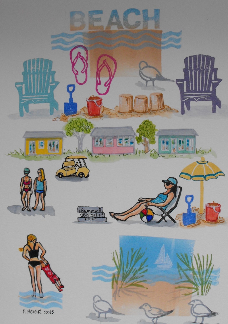 Beach Art Flip Flops Cottage Seagulls Muskoka Chairs Lake Huron Original Linocut Block Print Hand Carved Stamps And Watercolours