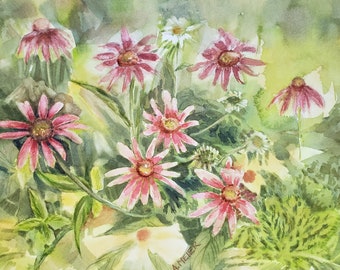Red Cone Flowers, rustic perennial garden, original watercolour botanical painting, summer landscape, impressionist style