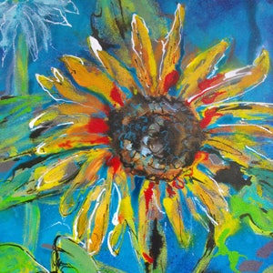 May include: A vibrant abstract painting of a sunflower with yellow, red, and blue petals against a blue background. The sunflower is painted in a loose, expressive style with bold strokes.