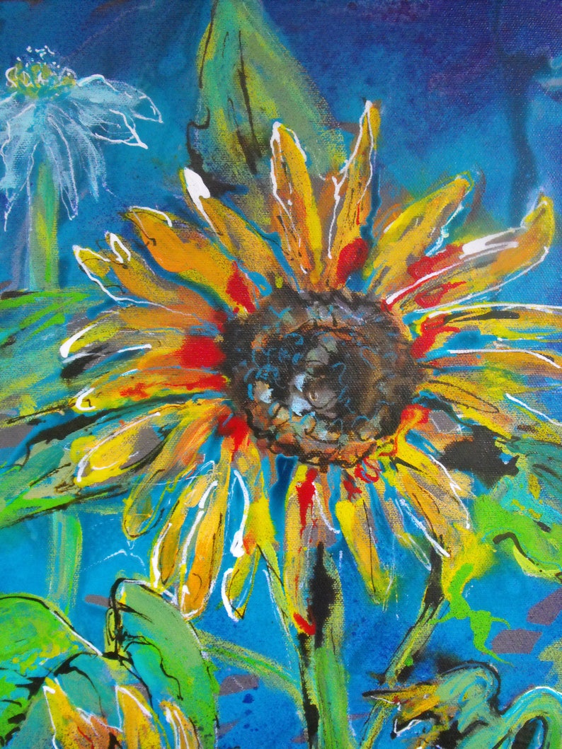 May include: A vibrant abstract painting of a sunflower with yellow, red, and blue petals against a blue background. The sunflower is painted in a loose, expressive style with bold strokes.