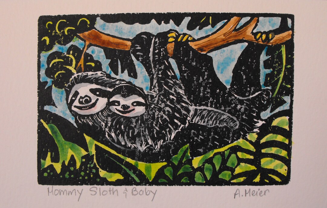 Cute Mommy Sloth and Baby, Original Linocut Block Print, Watercolor ...