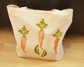 Carrots/Peas Medium Size Tote bag, Cotton Reusable Shopping/Grocery bag, washable, Eco friendly, hand sewn, hand printed, Block Print