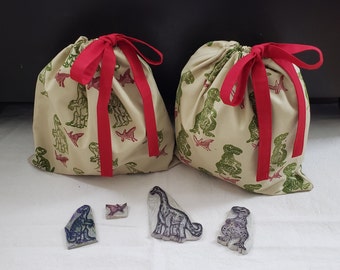 Dinosaurs Fabric gift bag, hand printed design, reusable bag, hand sewn Birthday/Holiday theme cotton drawstring bag, Eco friendly