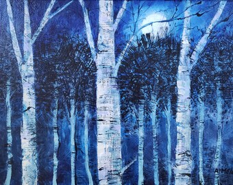 Moonlight Birch Trees, Original contemporary landscape study, acrylic paints, inks, vintage hymnal pages on canvas board, mixed media