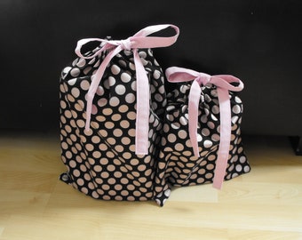 All Occasion Reusable cloth gift bag, zero waste packaging, hand sewn fabric drawstring bag, Eco-friendly, Pink /Black Polka dots