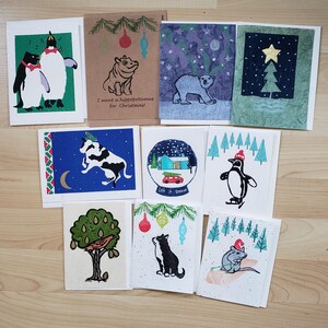 Cartes de voeux de Noël/Fêtes, lot de 10 cartes, impression linogravure originale faite main, sélection de 10 images différentes, impression linogravure