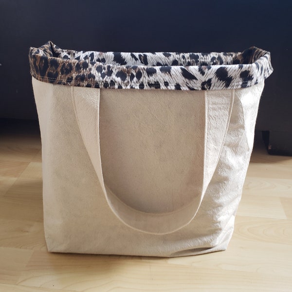 Large Tote, Cotton Muslin/Leopard print Reusable Shopping/Grocery bag, reversible, washable, Eco friendly, hand sewn tote, inside zip pocket