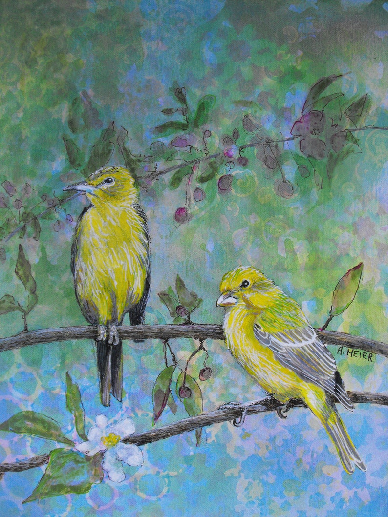 May include: Two yellow birds perched on a branch with green leaves and purple berries. The birds are facing different directions. The background is a blue and green watercolor wash.
