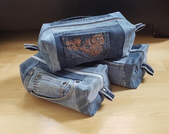 Denim Pocket Boxy Zipper Pouch, hand sewn, Recycled jeans travel bag