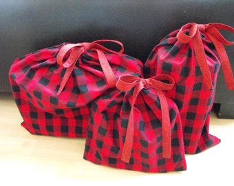 Red/Black Plaid, All Occasion Reusable cloth gift bags, zero waste packaging, sewn fabric drawstring bags, Eco-friendly, hand sewn gift bags