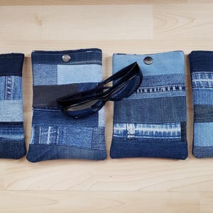 Recycled Denim Sunglasses Case, Hand Sewn Patchwork, Padded Soft Pouch, snap closure