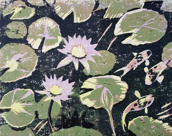 Purple water lilies, Koi fish, original linocut block print, relief print, 6 colour reduction printmaking, signed limited edition, linoprint