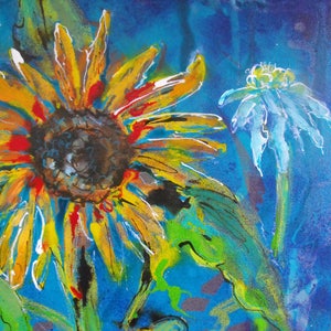 May include: A vibrant abstract painting featuring a large sunflower with yellow, red, and orange petals against a blue background. A smaller white flower with a yellow centre is also visible in the background.
