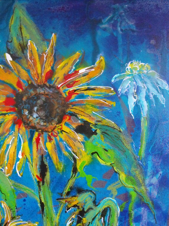 Original Sunflower Painting, Vivid Colors, Acrylic Inks on Canvas