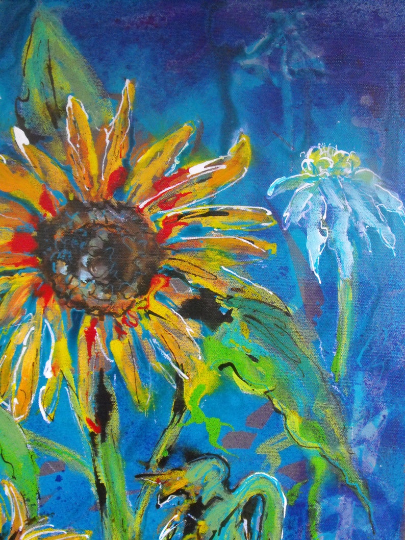 May include: A vibrant abstract painting featuring a large sunflower with yellow, red, and orange petals against a blue background. A smaller white flower with a yellow centre is also visible in the background.