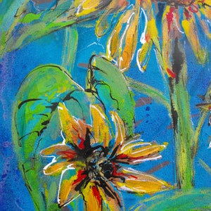 May include: Abstract painting of two sunflowers with yellow, orange, red, and green petals on a blue background.
