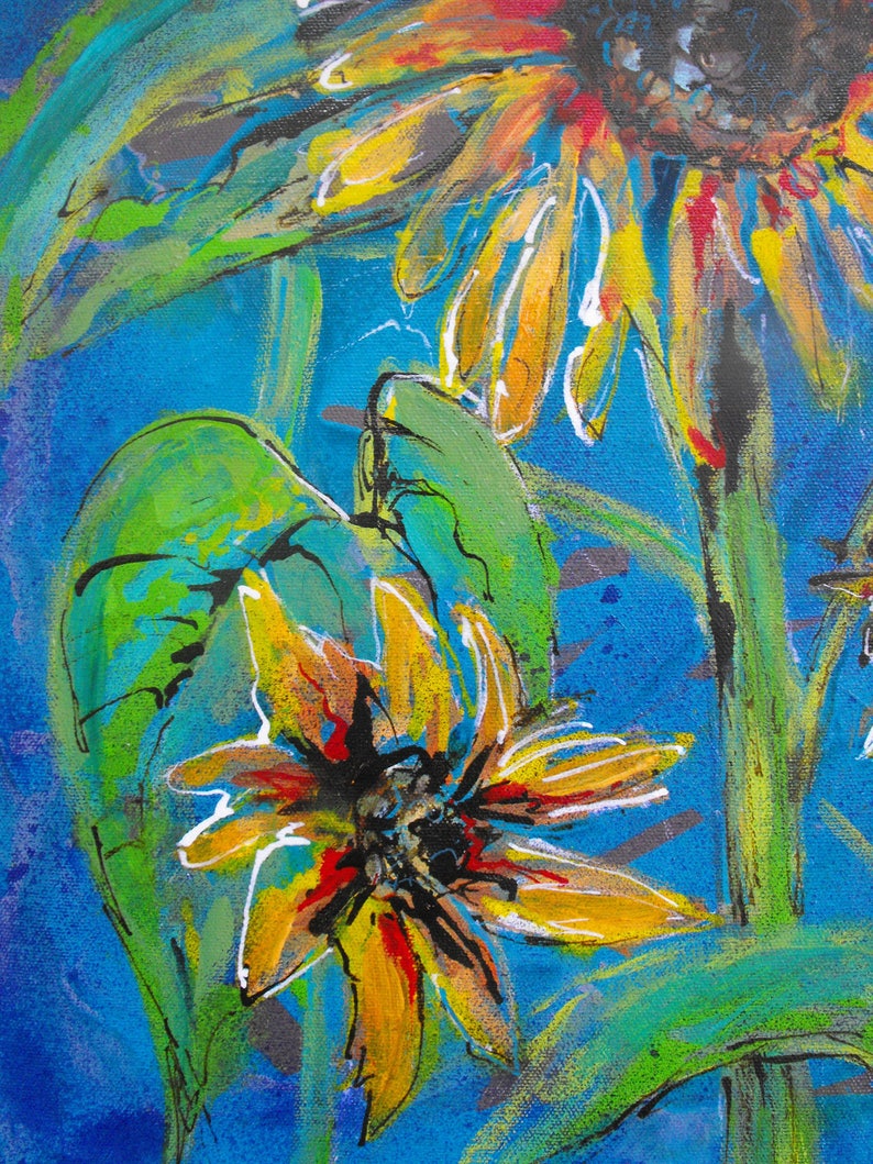 May include: Abstract painting of two sunflowers with yellow, orange, red, and green petals on a blue background.