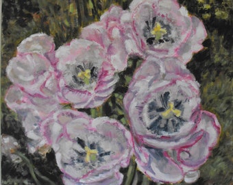 Tulip Painting, White and Pink Floral Oil on Canvas (12 X 12)