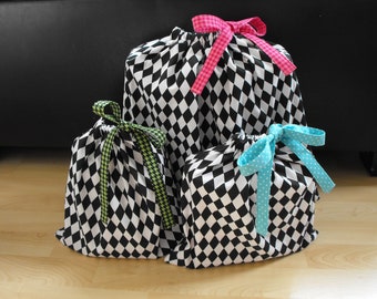 All Occasion Reusable cloth gift bag, zero waste packaging, hand sewn fabric drawstring bag, Eco-friendly, Black/White Diamond Design