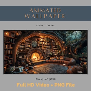 Fondo de pantalla animado de Biblioteca del Bosque Acogedor: Fondo de pantalla relajante para PC (MP4 y PNG)
