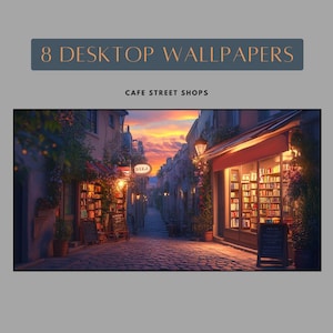 Desktop Wallpaper of street shops and cozy cafe for desktop aesthetic