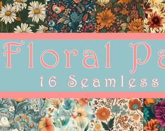 May include: A collection of 16 seamless floral patterns featuring diverse botanical illustrations in various color palettes, including deep greens, vibrant oranges, yellows, and reds. The text "Floral Patterns 16 Seamless Designs" is centered.