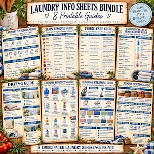 May include: A bundle of 8 printable laundry info sheets featuring guides for symbols, stain removal, fabric care, washing cycles, drying, products, ironing, and sorting. Each sheet contains detailed text, icons, and charts for home care.