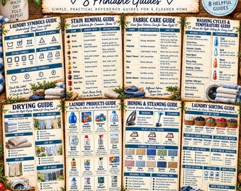 May include: A bundle of 8 printable laundry info sheets featuring guides for symbols, stain removal, fabric care, washing cycles, drying, products, ironing, and sorting. Each sheet contains detailed text, icons, and charts for home care.