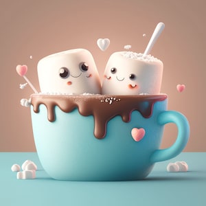 Puede incluir: Dos malvaviscos blancos con caras sonrientes están anidados en una taza azul llena de chocolate caliente. El chocolate gotea por los lados de la taza. Hay corazones rosas esparcidos alrededor de la taza.