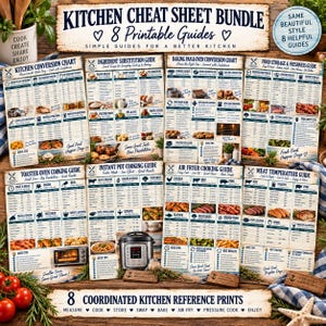 May include: A kitchen cheat sheet bundle featuring eight printable guides with text including Kitchen Conversion Chart, Ingredient Substitution Guide, Baking Pan & Oven Conversion Chart, Food Storage & Freshness Guide, Toaster Oven, Instant Pot, Air Fryer, and Meat Temperature Guide.