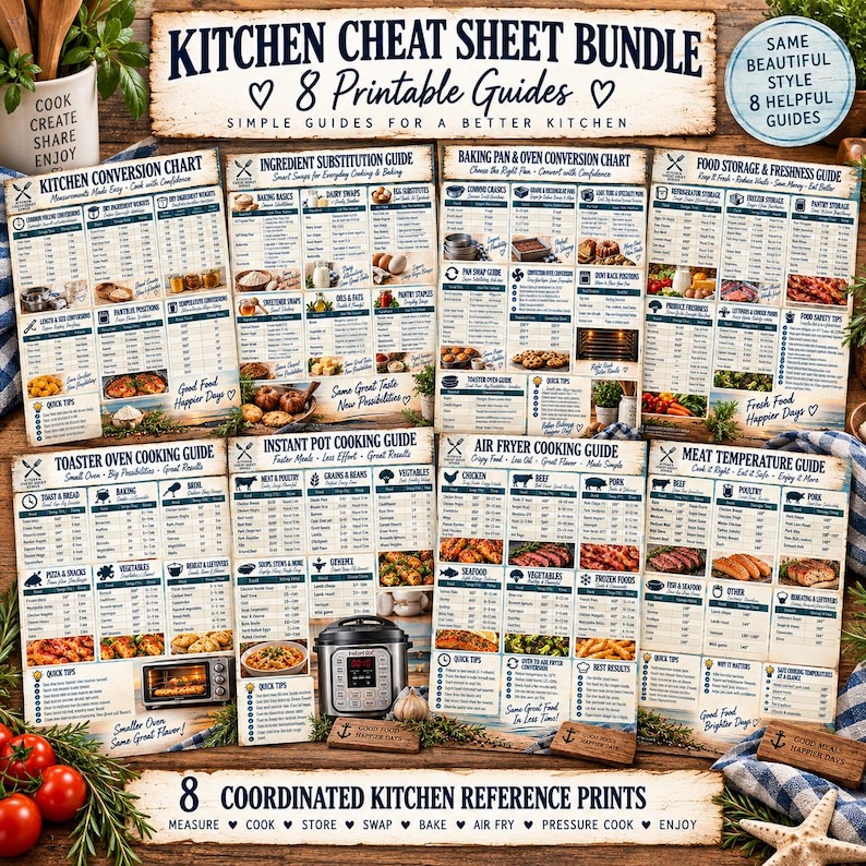 May include: A kitchen cheat sheet bundle featuring eight printable guides with text including Kitchen Conversion Chart, Ingredient Substitution Guide, Baking Pan & Oven Conversion Chart, Food Storage & Freshness Guide, Toaster Oven, Instant Pot, Air Fryer, and Meat Temperature Guide.