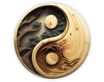 May include: A wooden yin yang symbol with a tree carved into each half. The tree on the left side has green leaves and the tree on the right side has brown branches.