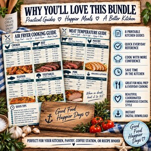 May include: A set of printable kitchen guides featuring an Air Fryer Cooking Guide and a Meat Temperature Guide with charts for beef, poultry, pork, and seafood. The documents include text, icons, and cooking instructions in Fahrenheit for home use.