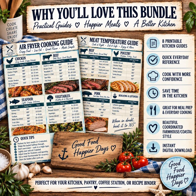 May include: A set of printable kitchen guides featuring an Air Fryer Cooking Guide and a Meat Temperature Guide with charts for beef, poultry, pork, and seafood. The documents include text, icons, and cooking instructions in Fahrenheit for home use.