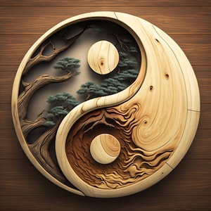 May include: A wooden yin yang symbol with intricate carvings of trees and swirling patterns. The symbol is painted in shades of brown and beige.