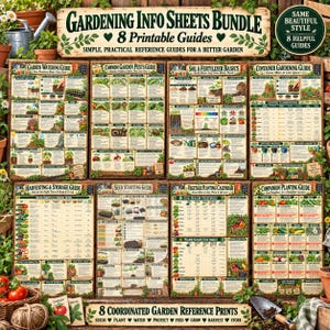 Może przedstawiać: Zestaw ośmiu drukowanych przewodników ogrodniczych z nagłówkami takimi jak Gardening Info Sheets Bundle, Garden Watering Guide, Common Garden Pests Guide, Soil & Fertilizer Basics, Container Gardening Guide, Harvesting & Storage Guide, Seed Starting Guide, Vegetable Planting Calendar oraz Companion Planting Guide.