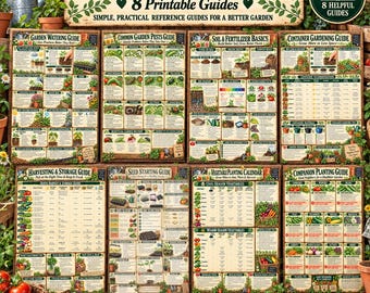 May include: A bundle of eight printable gardening reference guides featuring text headers like Gardening Info Sheets Bundle, Garden Watering Guide, Common Garden Pests Guide, Soil & Fertilizer Basics, Container Gardening Guide, Harvesting & Storage Guide, Seed Starting Guide, Vegetable Planting Calendar, and Companion Planting Guide.