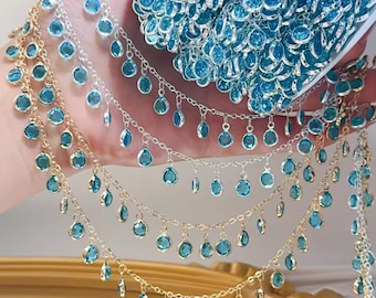 Lake Blue Glass Tassel Chain Trim,  Gold or Silver chain Copper Chain by Yard, Bezel Crystal Dangle Fringe for DIY Necklace, Exotic Clothing