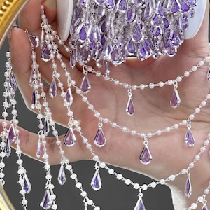Catena di perle a goccia in vetro viola chiaro, catena di perline in rame fai da te, collana con bracciale, forniture per gioielli da ballo, frange decorative