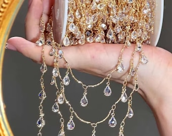 Luxury Crystal Tassel Chain Trim by the Meter, Water Drop Rhinestone Fringe, Sewing Trim for Drapes Costumes Bridal Decor