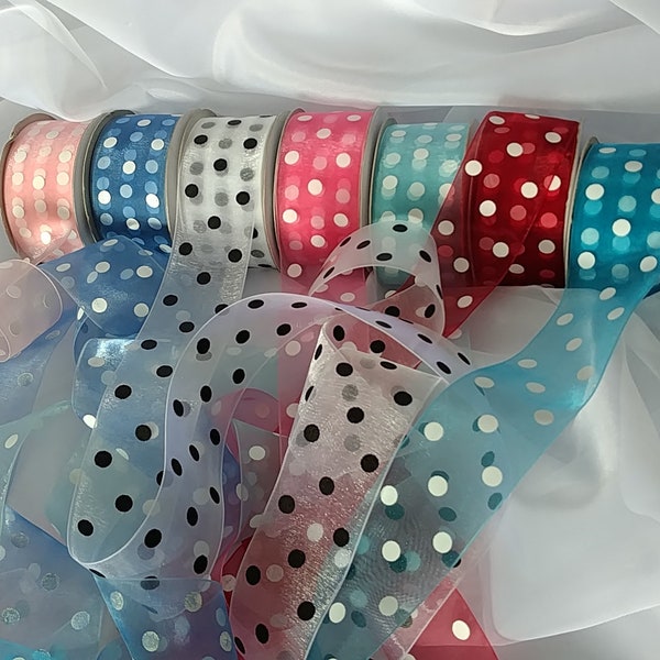 Ribbons organza polka dots 1.5 inches (38 mm)  by yard,bows, gift wrapping, hair decor.