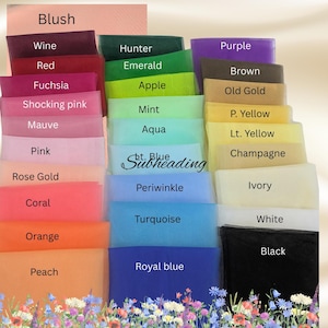 May include: A color chart displaying a variety of fabric swatches in shades of blush, wine, red, fuchsia, shocking pink, mauve, pink, rose gold, coral, orange, peach, hunter, emerald, apple, mint, aqua, periwinkle, turquoise, royal blue, purple, brown, old gold, P. Yellow, Lt. Yellow, champagne, ivory, white, and black.