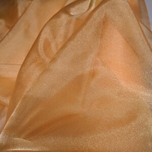 May include: A piece of sheer, gold fabric with a shimmery finish. The fabric is folded and draped, showing its texture and drape.