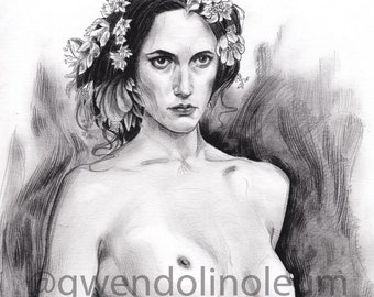 Brunette with flowers in her hair. Very high quality fine art print of an original drawing.